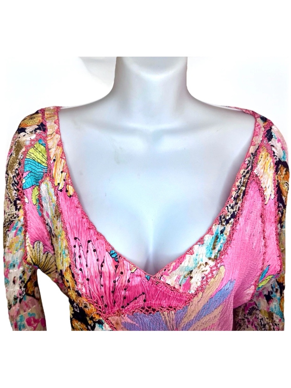 🌸ALBERTO MAKALI🌸 GEO CRINKLE SEQUIN CROCHET STRETCH PLUNGE NECK LONG SLEEVE TOP - Picture 9 of 16